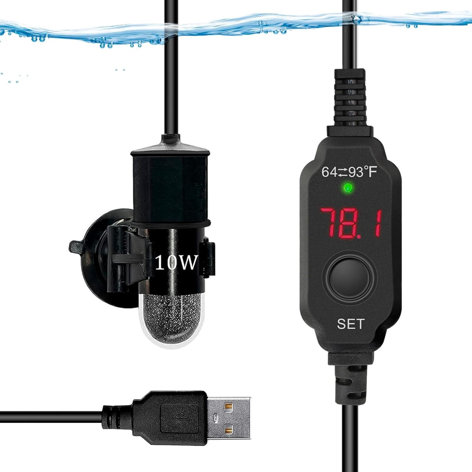 auomii Mini Submersible Aquarium Heater 25/50/100/150/200/300 Watts Adjustable Fish Tank Heater Built-in Thermometer External Temperature Controller Smart Memory (10 Watts(USB))