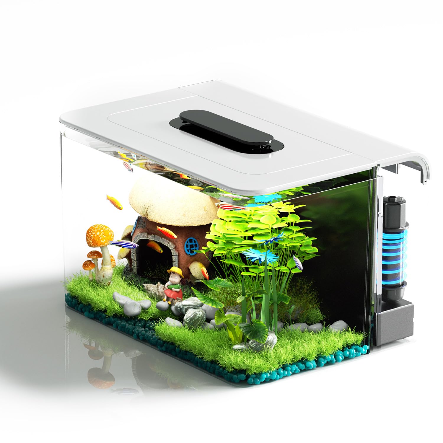 Betta Fish Tank 2.5 Gallon Aquarium Kit with Modular Filtration Heater Light Self Cleaning Oxygenation Small Fish Tank for Goldfish Guppy Shrimp