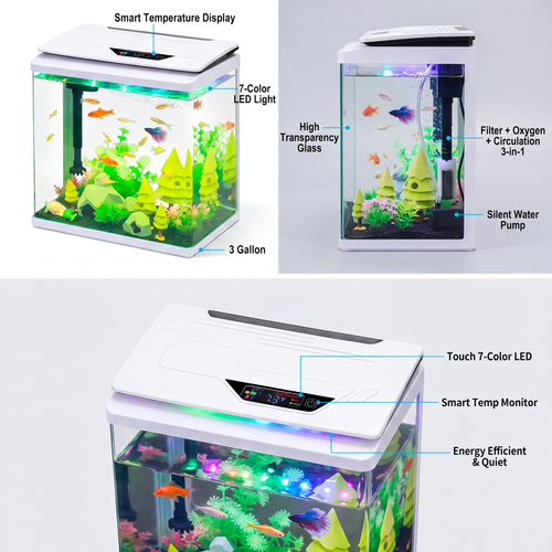 3 Gallon Betta & Goldfish Tank with Filter & 7-Color LED Light