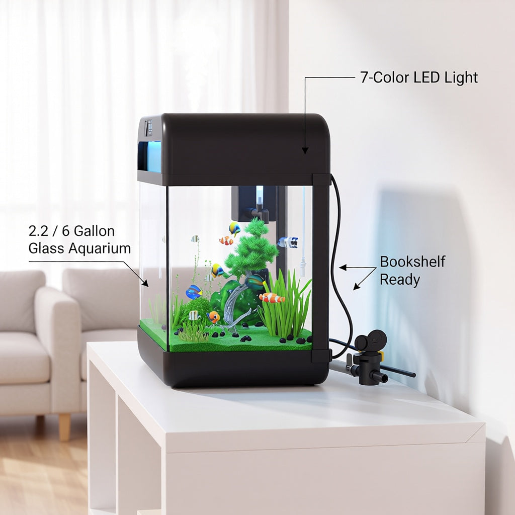 2.2 Gallon Glass Aquarium Kit with Lid & 7-Color LED Lamp