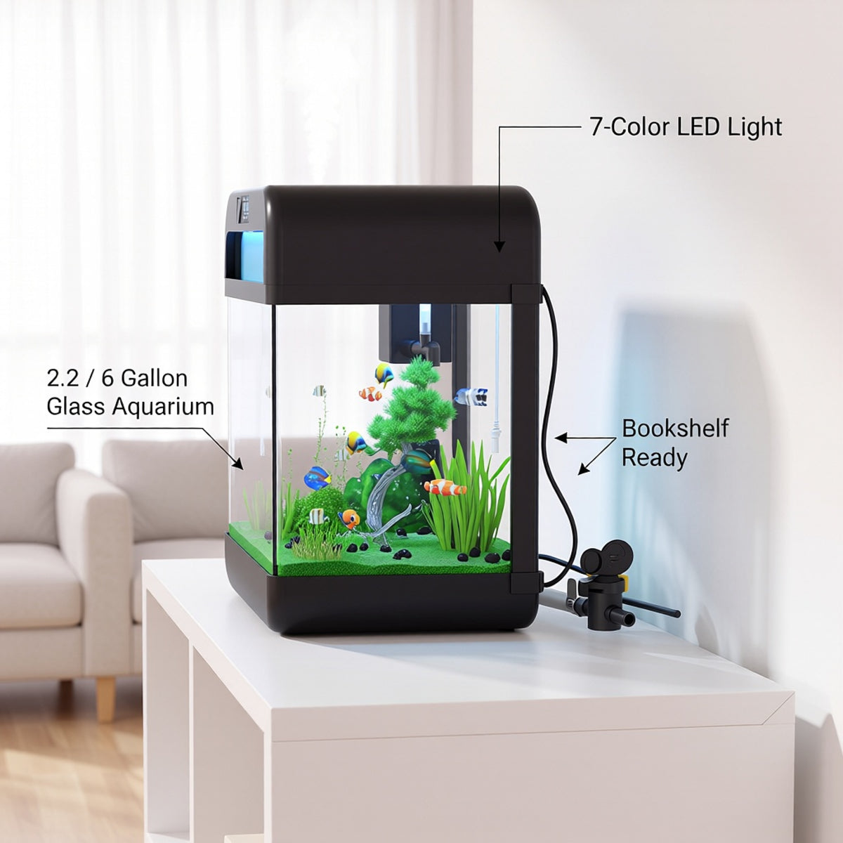 2.2 Gallon Glass Aquarium Kit with Lid & 7-Color LED Lamp