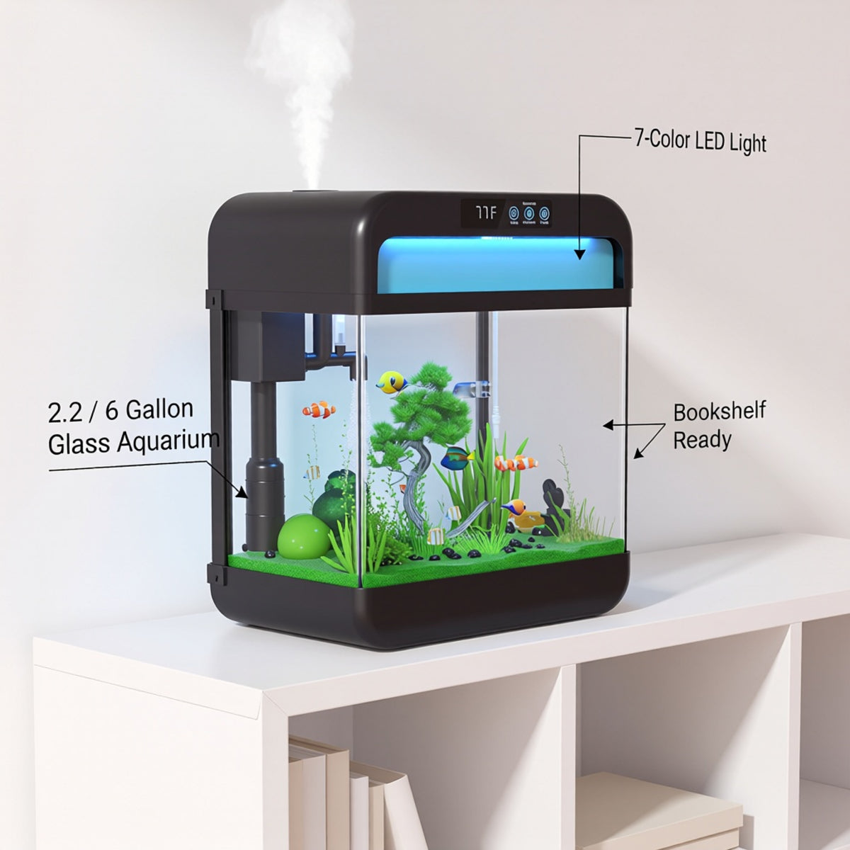 2.2 Gallon Glass Aquarium Kit with Lid & 7-Color LED Lamp