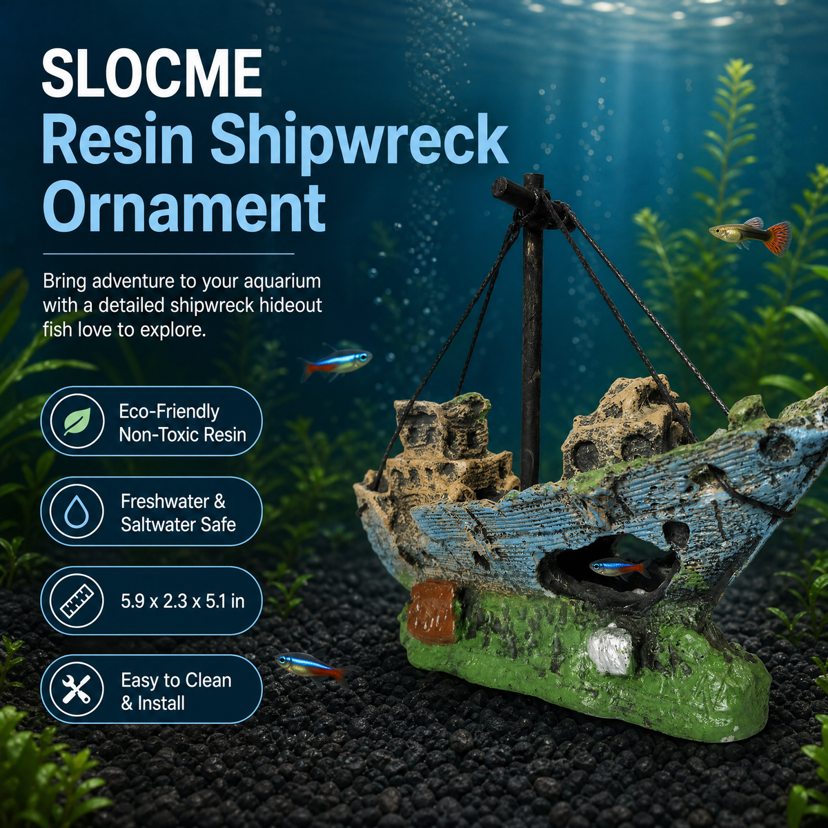 SLOCME Resin Shipwreck Aquarium Ornament