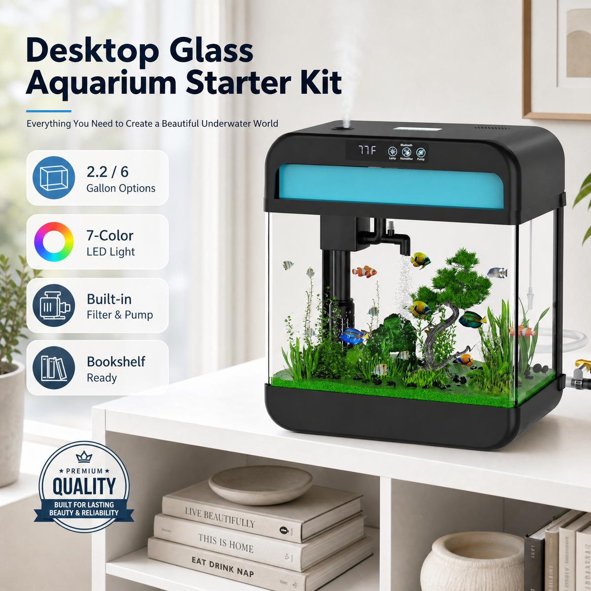 2.2 Gallon Glass Aquarium Kit with Lid & 7-Color LED Lamp