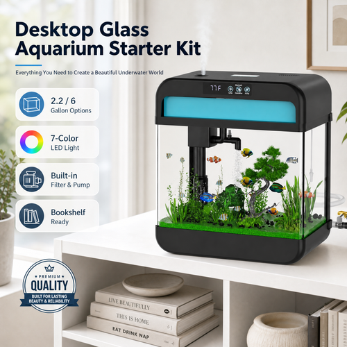 2.2 Gallon Glass Aquarium Kit with Lid & 7-Color LED Lamp