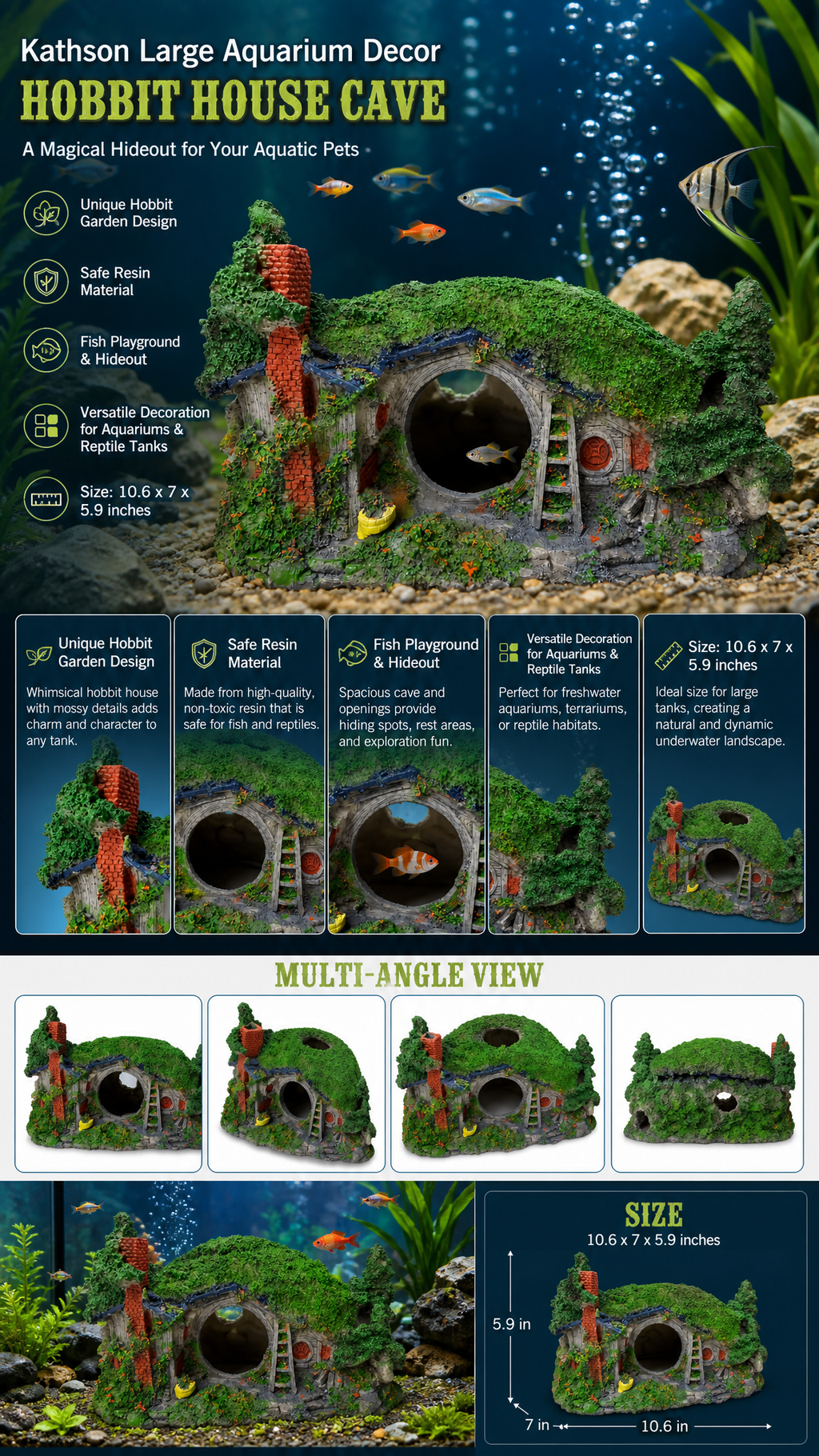 kathson Large Hobbit House Cave Aquarium Decoration, 10.6x7x5.9in