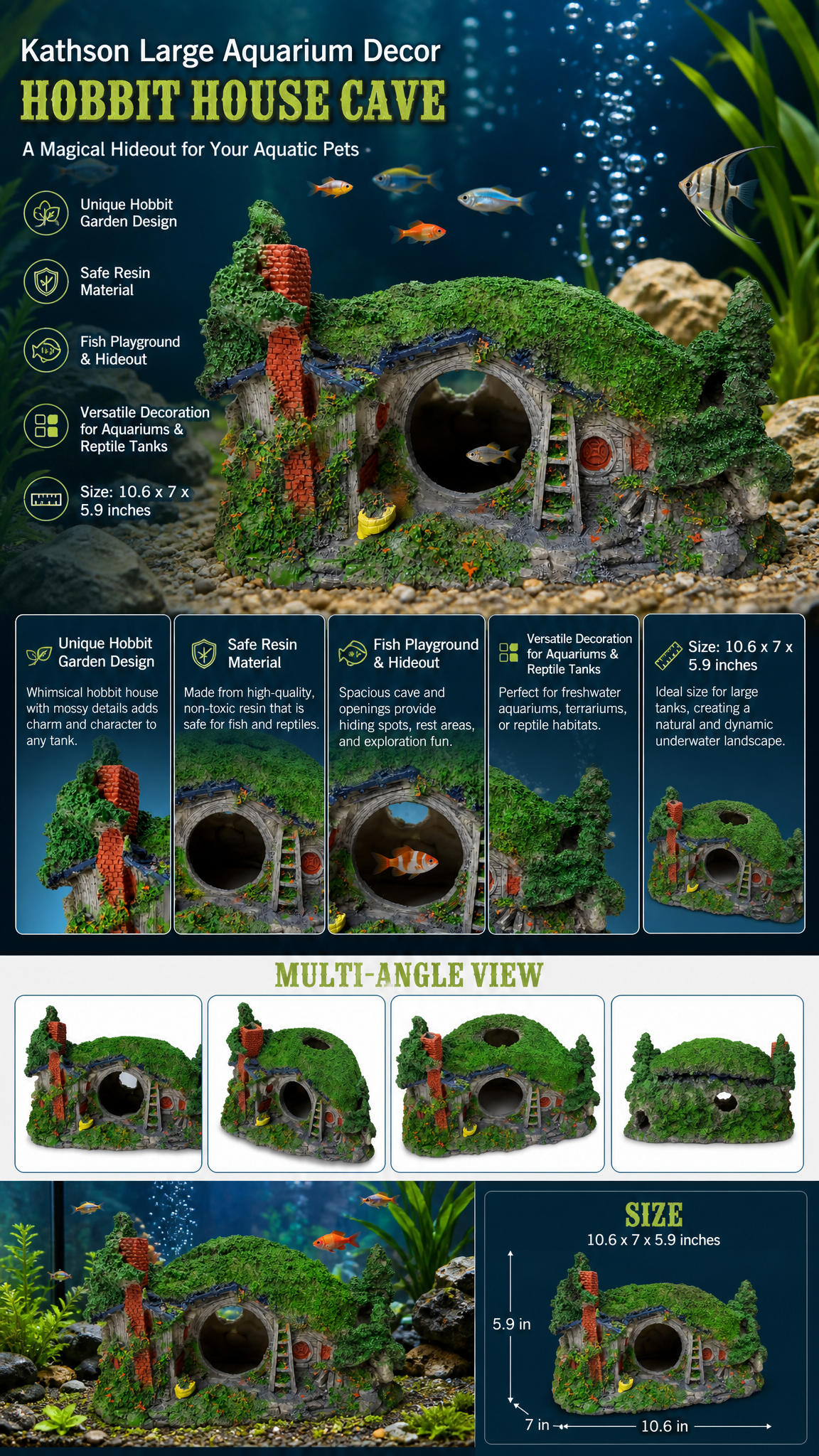 kathson Large Hobbit House Cave Aquarium Decoration, 10.6x7x5.9in