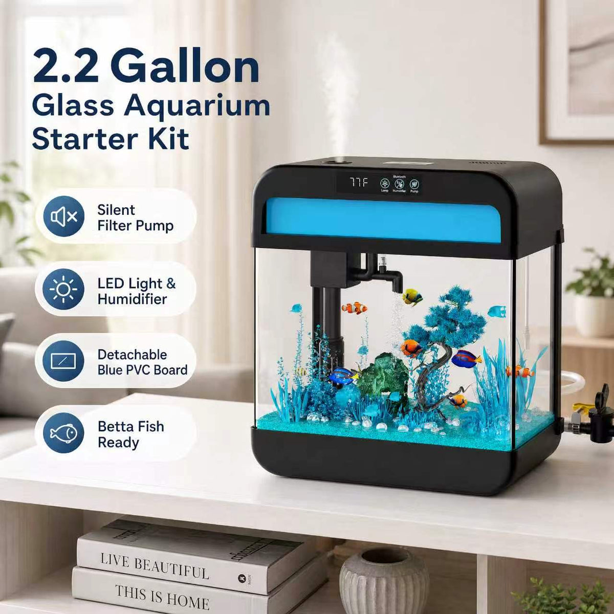 2.2 Gallon Glass Betta Fish Tank Starter Kit with Filter & LED Light