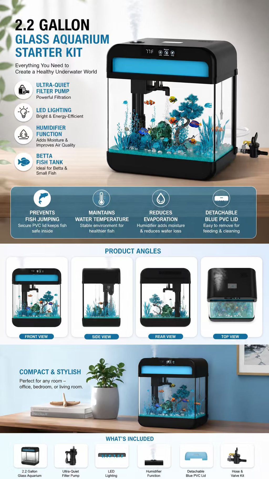 2.2 Gallon Glass Betta Fish Tank Starter Kit with Filter & LED Light