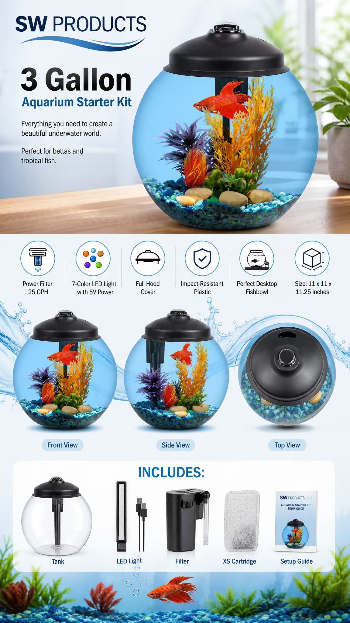 SW Products 3 Gallon Fish Tank Starter Kit with Power Filter & LED Light