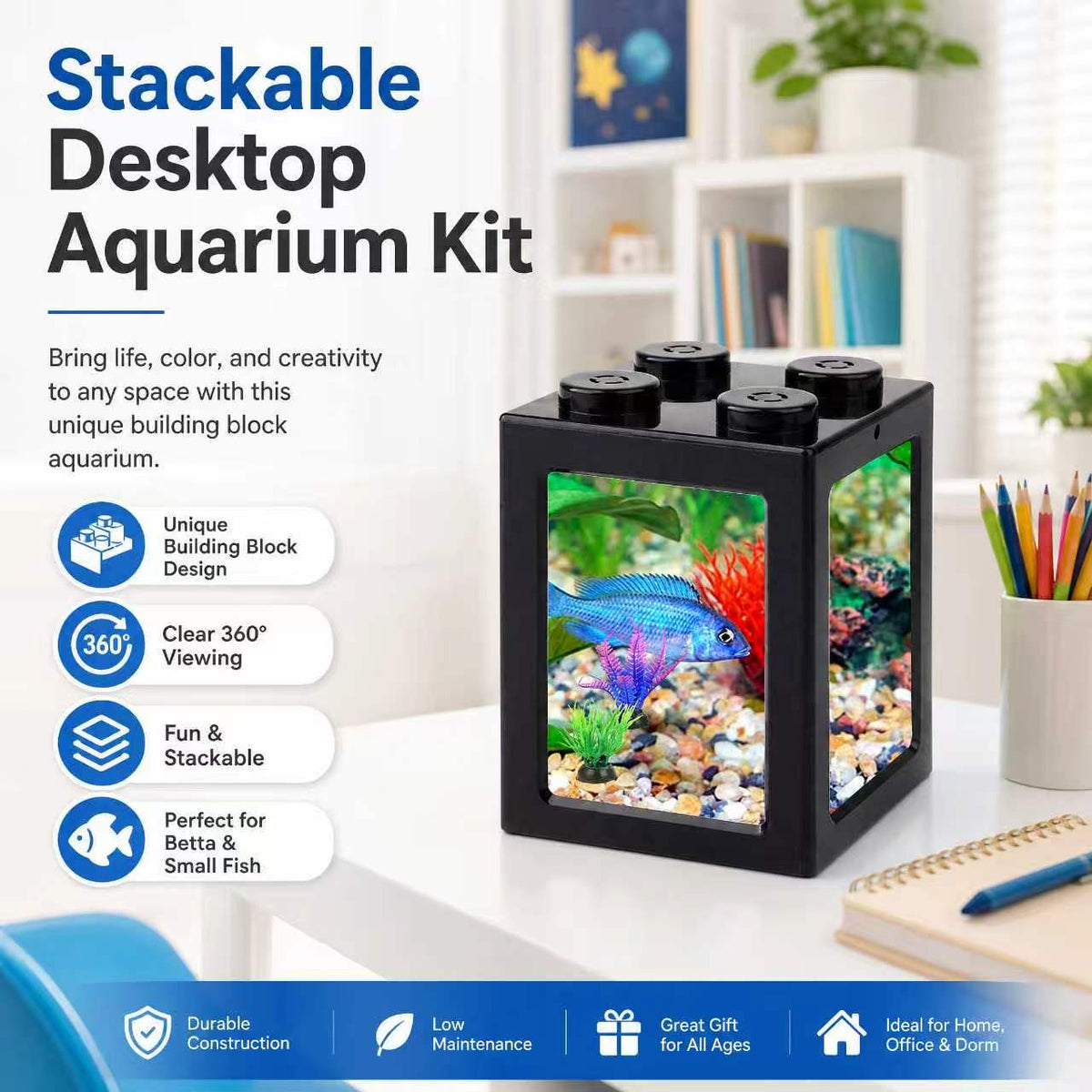 Stackable Mini Betta Fish Tank Cube, 3.54x3.54x4.33in (Black)
