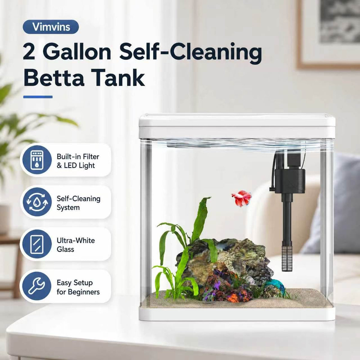 Vimvins 2 Gallon Self-Cleaning Betta Fish Tank with Filter & Light