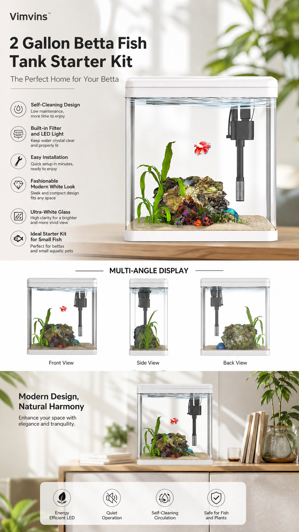 Vimvins 2 Gallon Self-Cleaning Betta Fish Tank with Filter & Light
