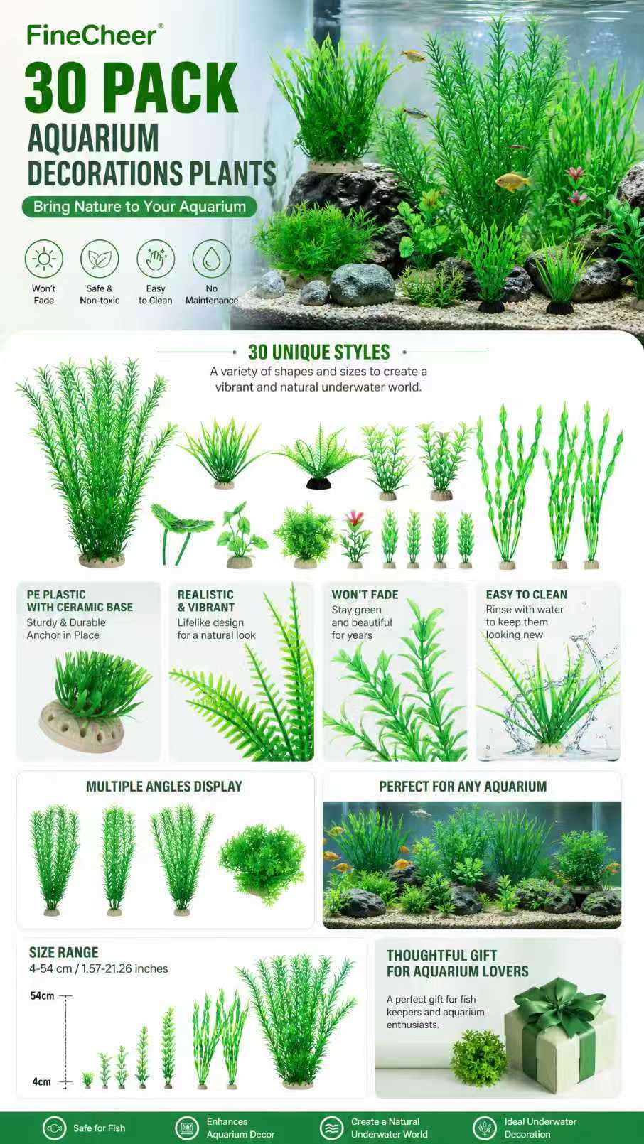 FineCheer Artificial Aquarium Plants, 30-Pack Assorted