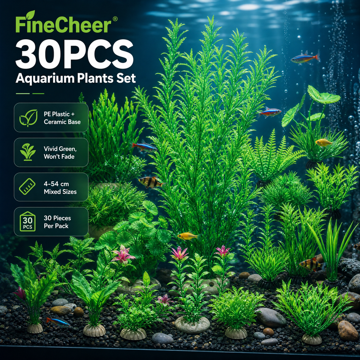 FineCheer Artificial Aquarium Plants, 30-Pack Assorted
