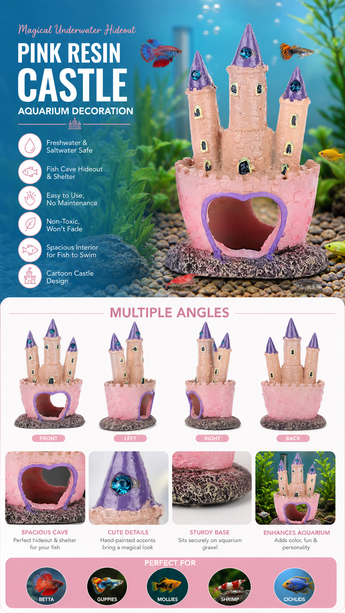Pink Resin Castle Aquarium Decoration & Fish Hideout