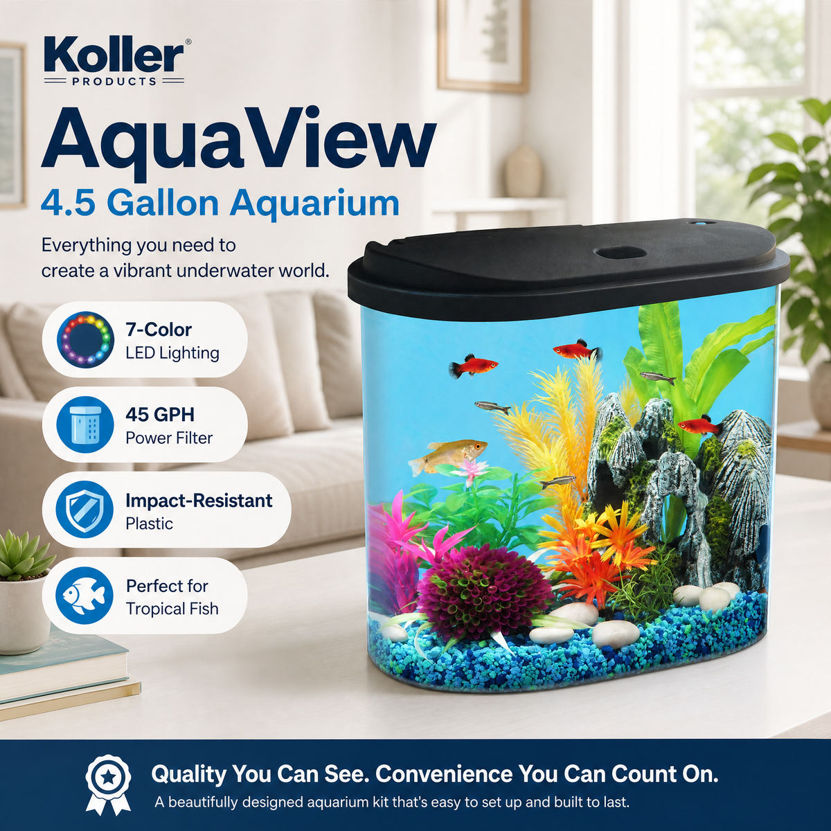 Koller Products AquaView 4.5 Gallon Aquarium Kit with Filter & 7-Color LED