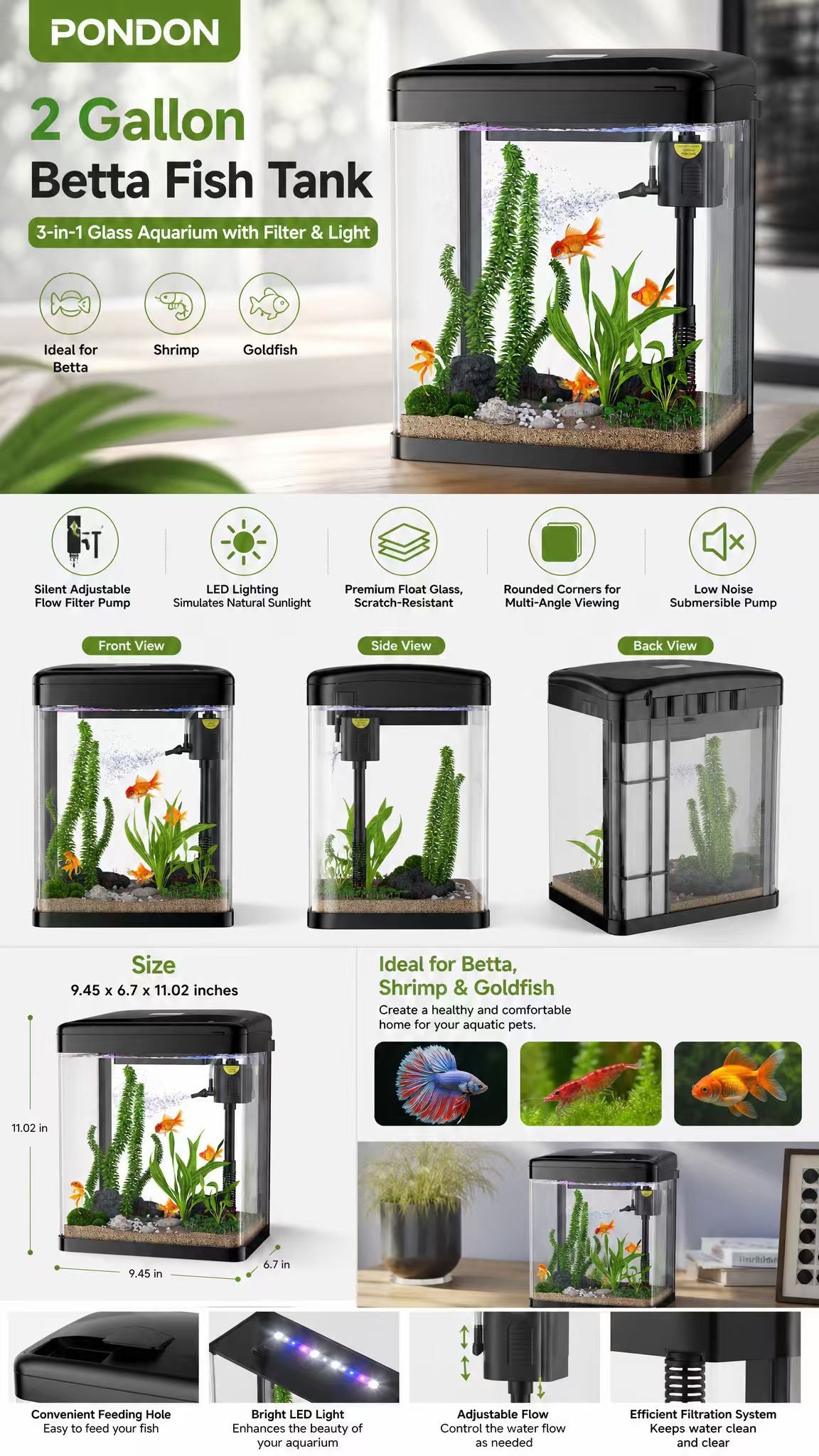 PONDON 2 Gallon Glass Betta Fish Tank with Filter & Light (Black)