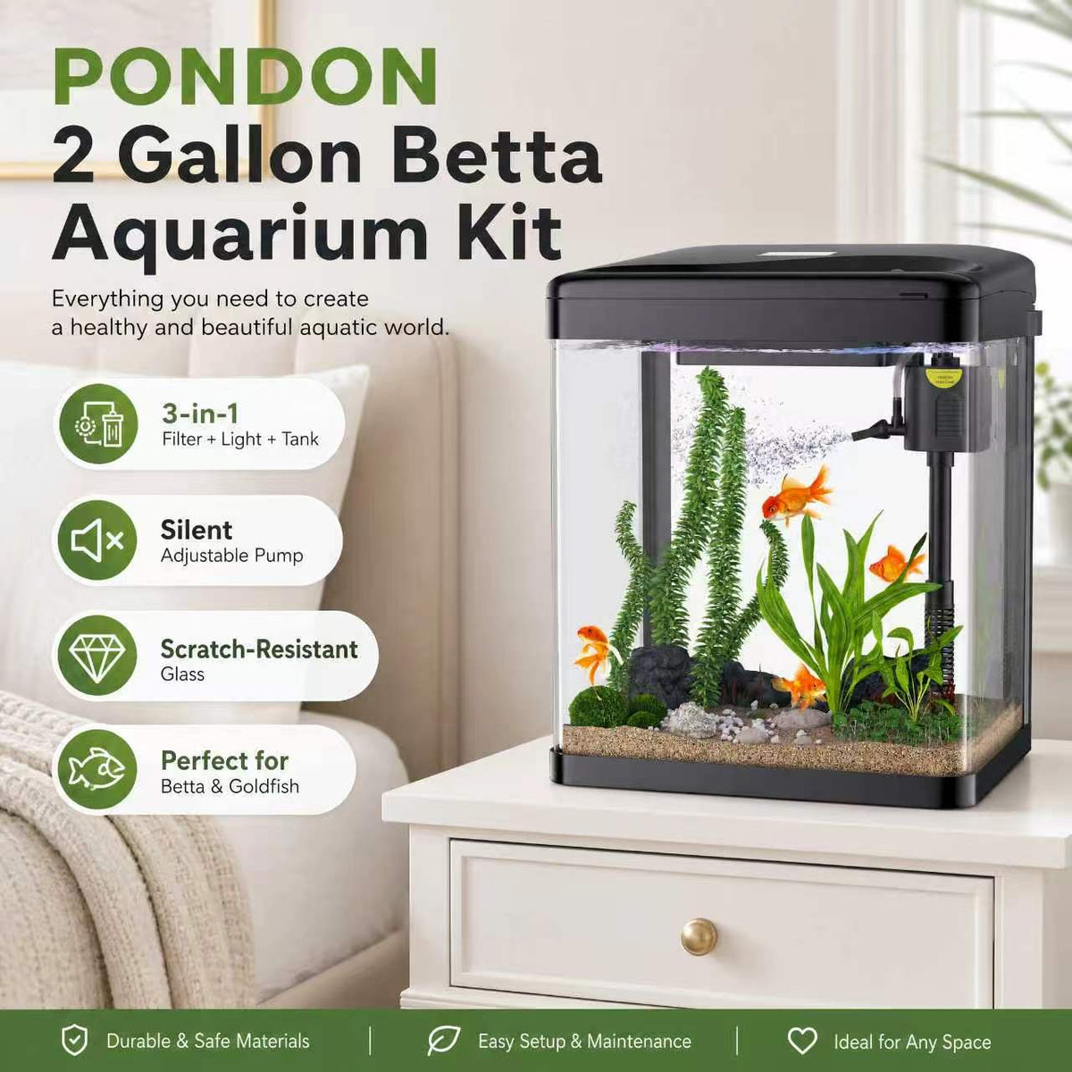 PONDON 2 Gallon Glass Betta Fish Tank with Filter & Light (Black)