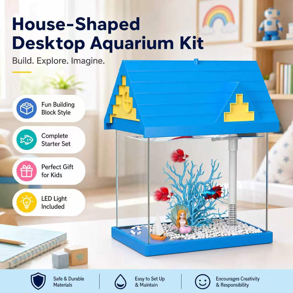 FREESEA 2 Gallon Glass Betta Fish Tank with Filter & Light