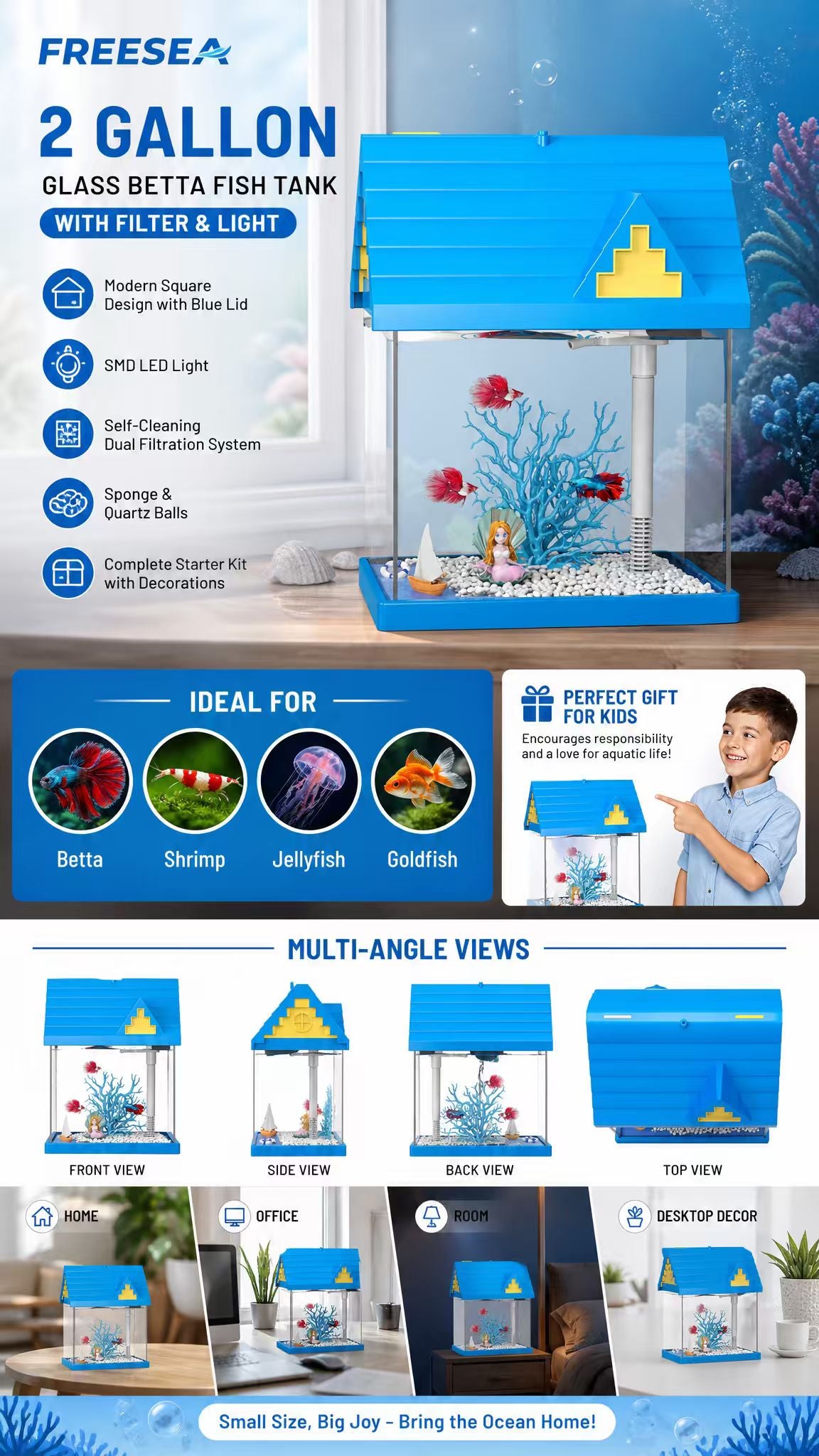 FREESEA 2 Gallon Glass Betta Fish Tank with Filter & Light