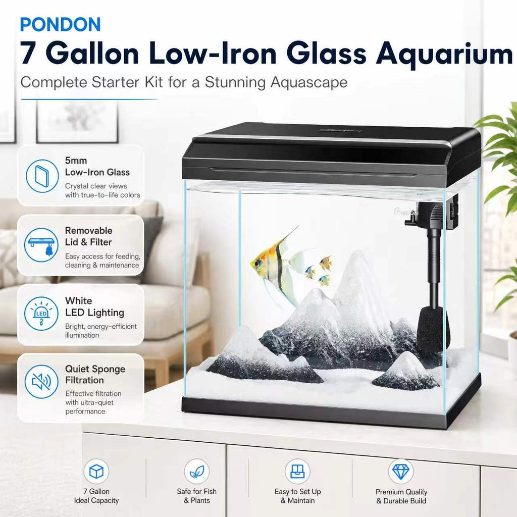 PONDON 7 Gallon Low-Iron Glass Betta Aquarium Kit with LED Light & Filter