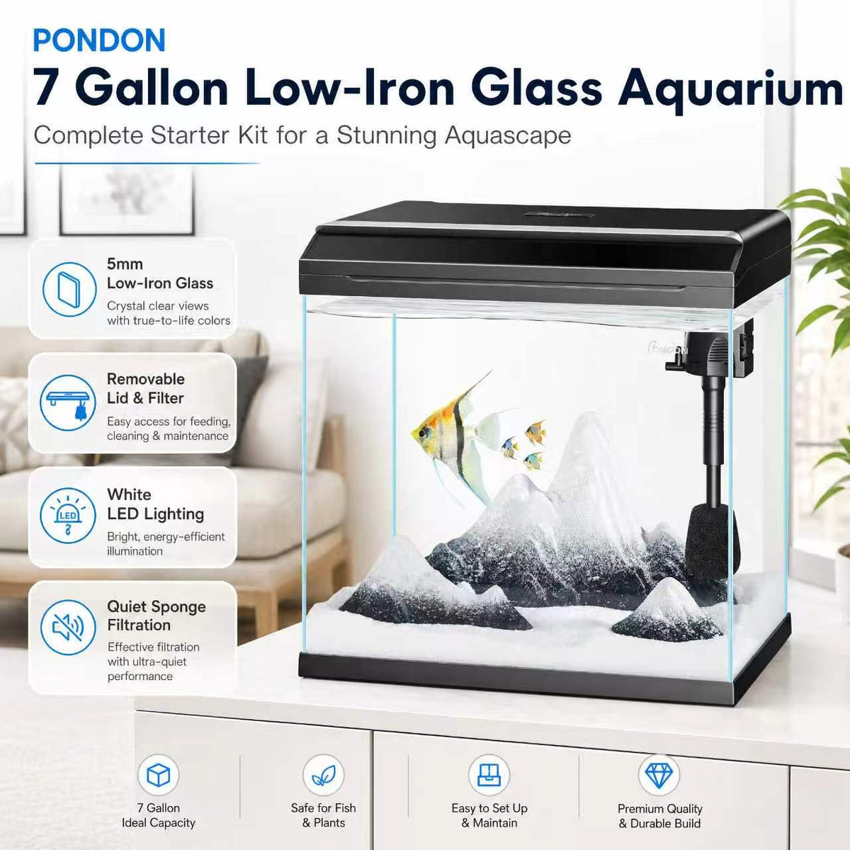 PONDON 7 Gallon Low-Iron Glass Betta Aquarium Kit with LED Light & Filter