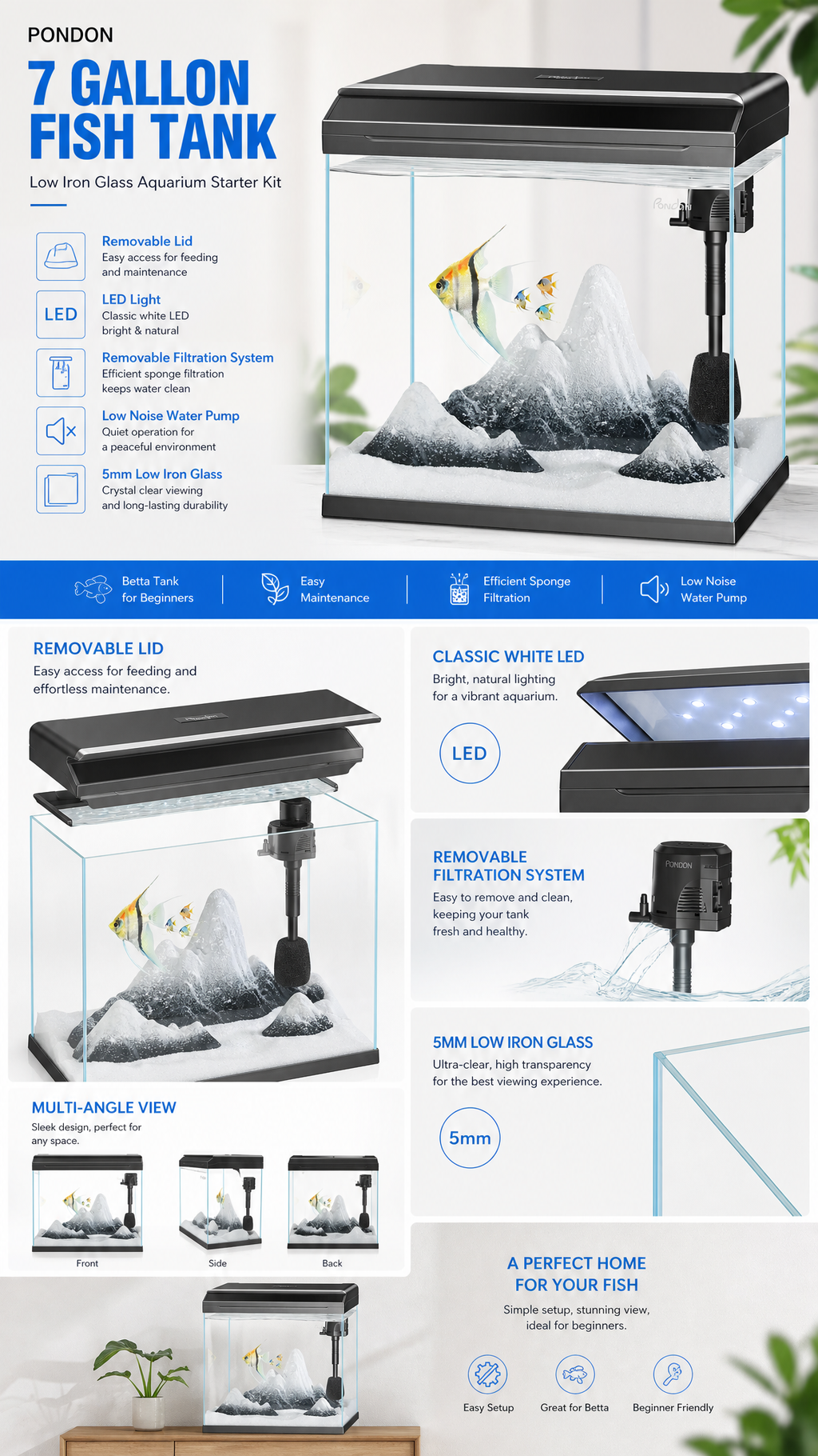 PONDON 7 Gallon Low-Iron Glass Betta Aquarium Kit with LED Light & Filter