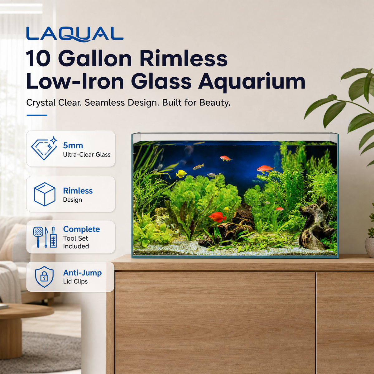 LAQUAL 10 Gallon Rimless Low-Iron Glass Fish Tank with Cover & Cleaning Kit