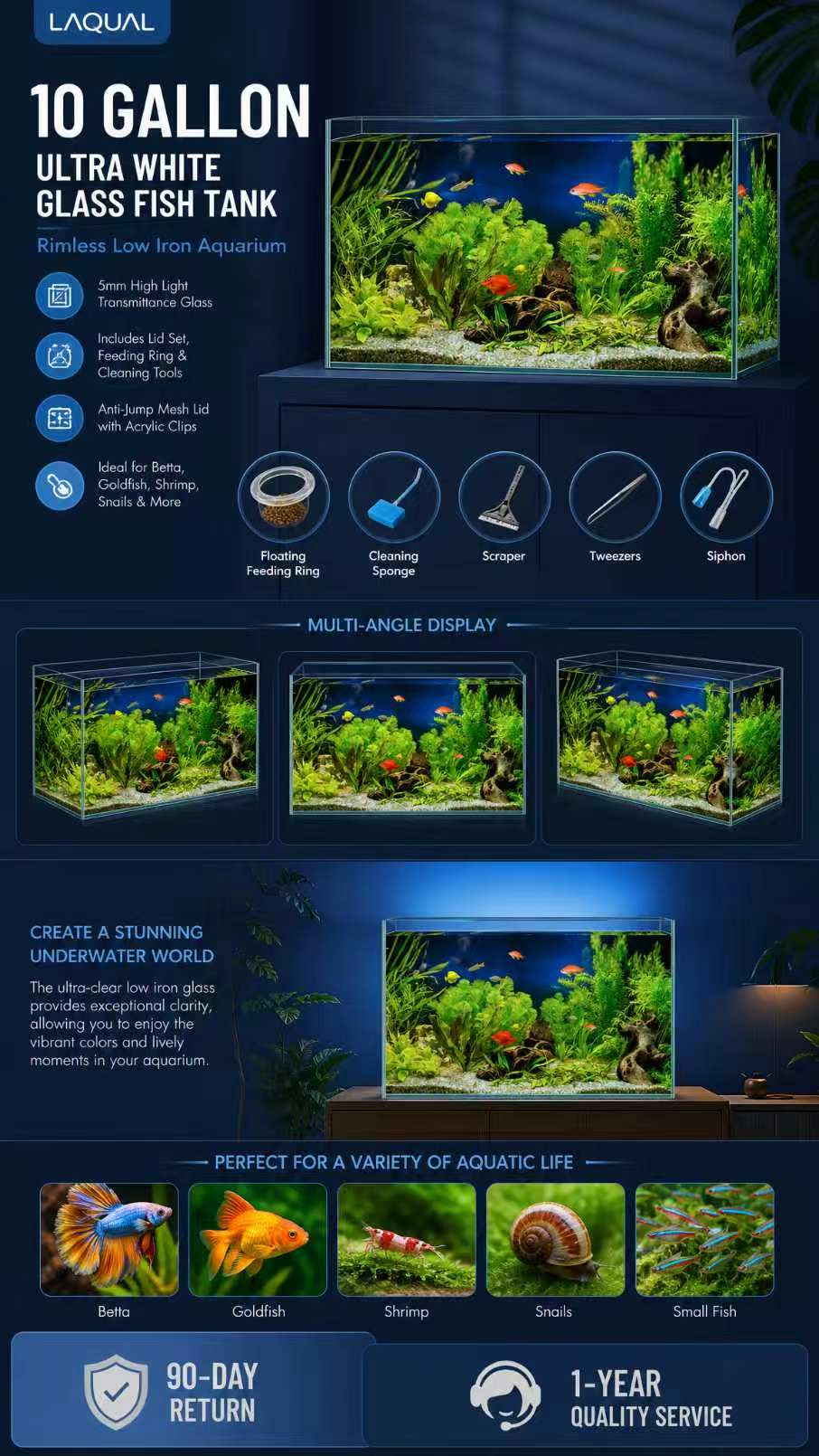 LAQUAL 10 Gallon Rimless Low-Iron Glass Fish Tank with Cover & Cleaning Kit