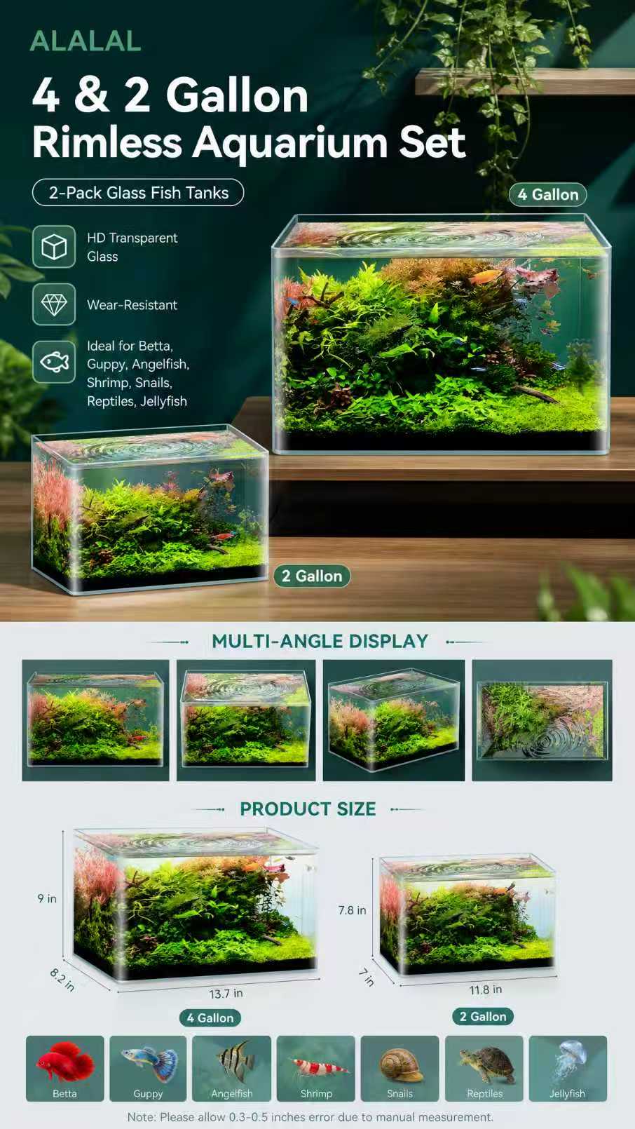 ALALAL Rimless Betta Fish Tank Set, 4 Gallon & 2 Gallon (2 Pack)