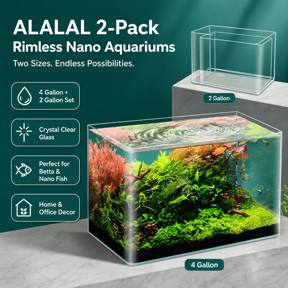 ALALAL Rimless Betta Fish Tank Set, 4 Gallon & 2 Gallon (2 Pack)