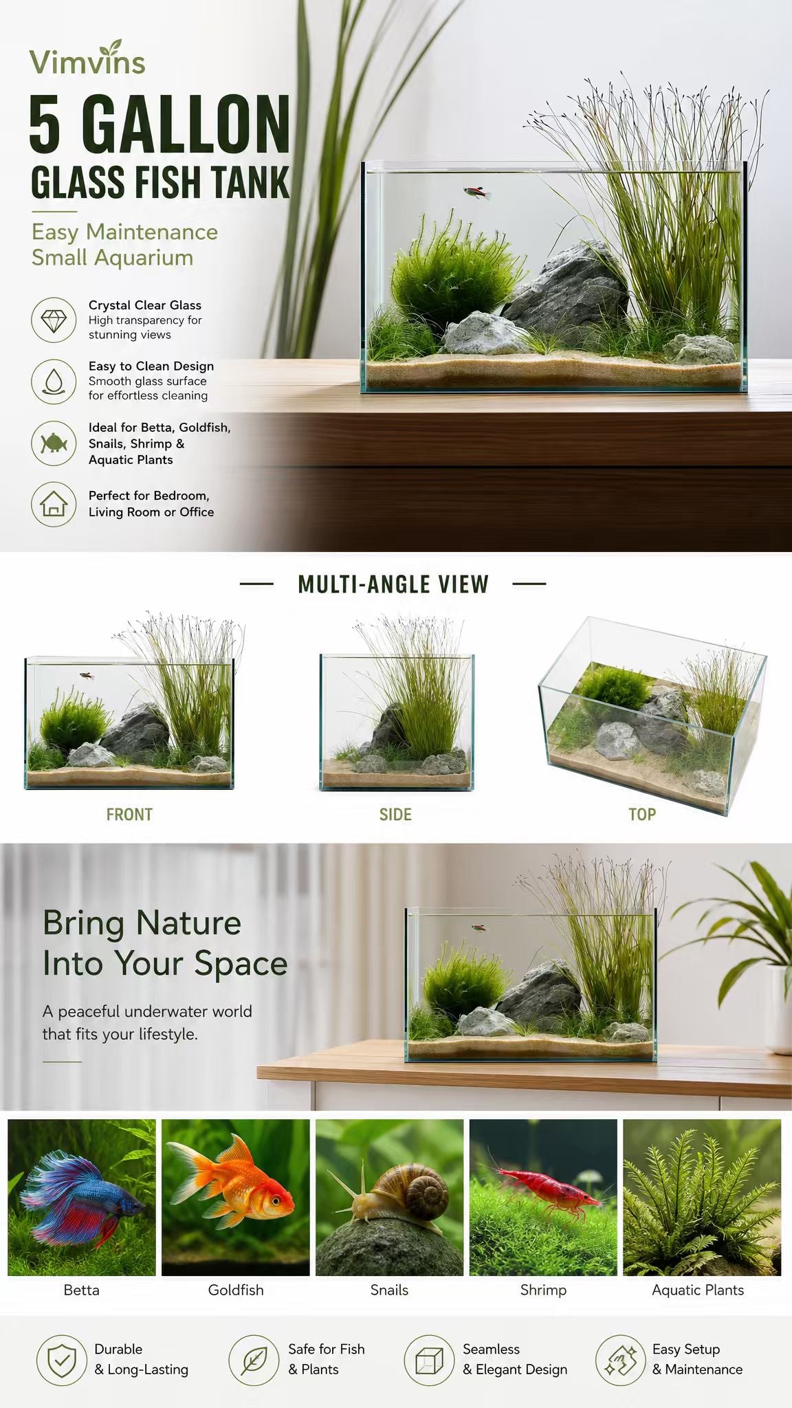 5 Gallon Glass Fish Tank for Betta, Goldfish & Shrimp