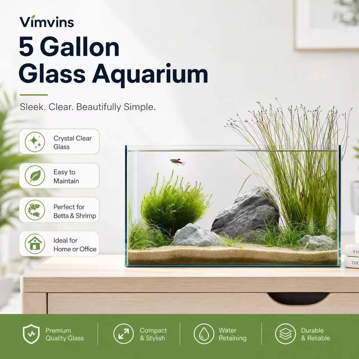 5 Gallon Glass Fish Tank for Betta, Goldfish & Shrimp