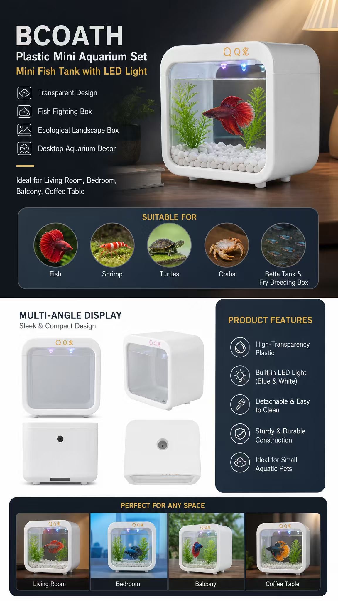 BCOATH Mini Aquarium Kit with LED Lighting