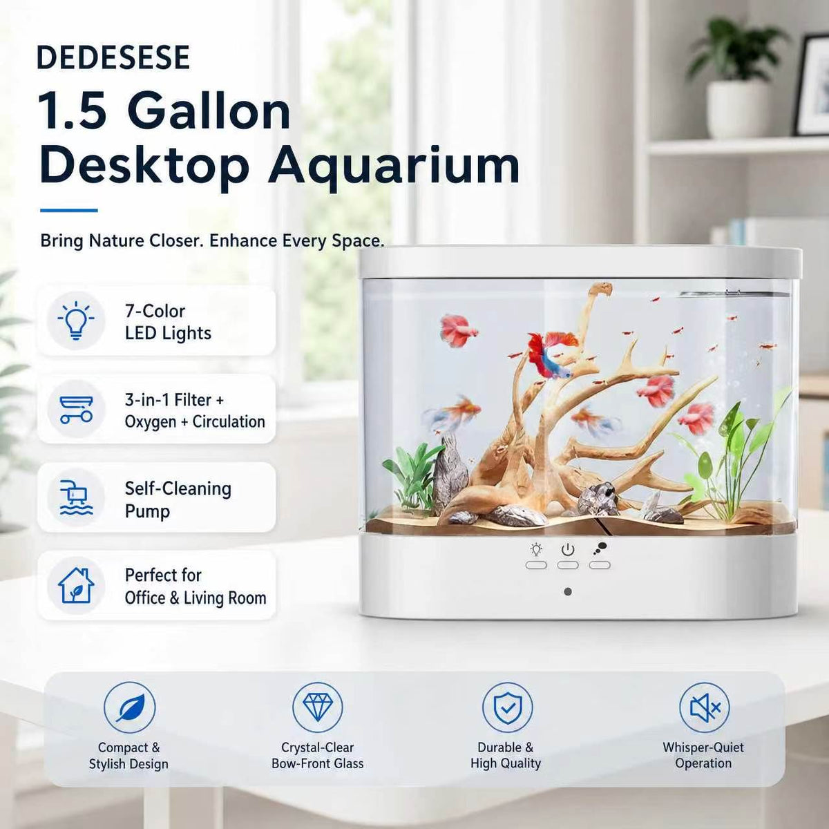 DEDESESE 1.5 Gallon Desktop Fish Tank with 7-Color Light & Self-Cleaning Pump
