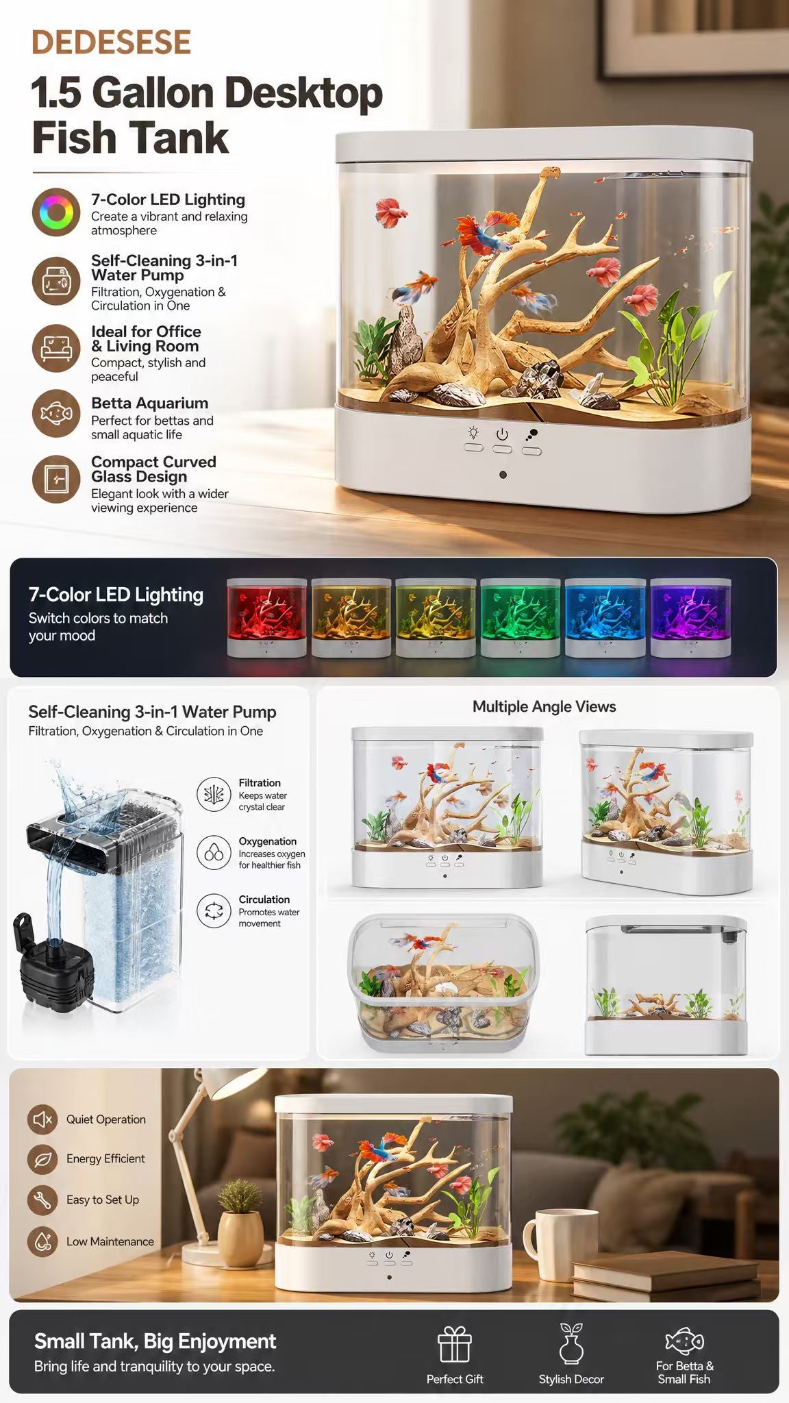 DEDESESE 1.5 Gallon Desktop Fish Tank with 7-Color Light & Self-Cleaning Pump