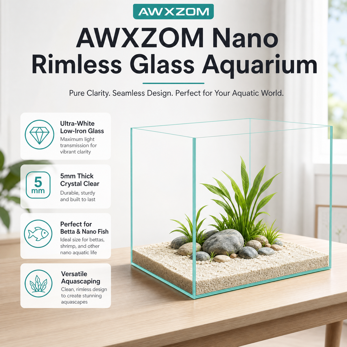 AWXZOM 1.1 Gallon Nano Rimless Glass Betta Fish Tank