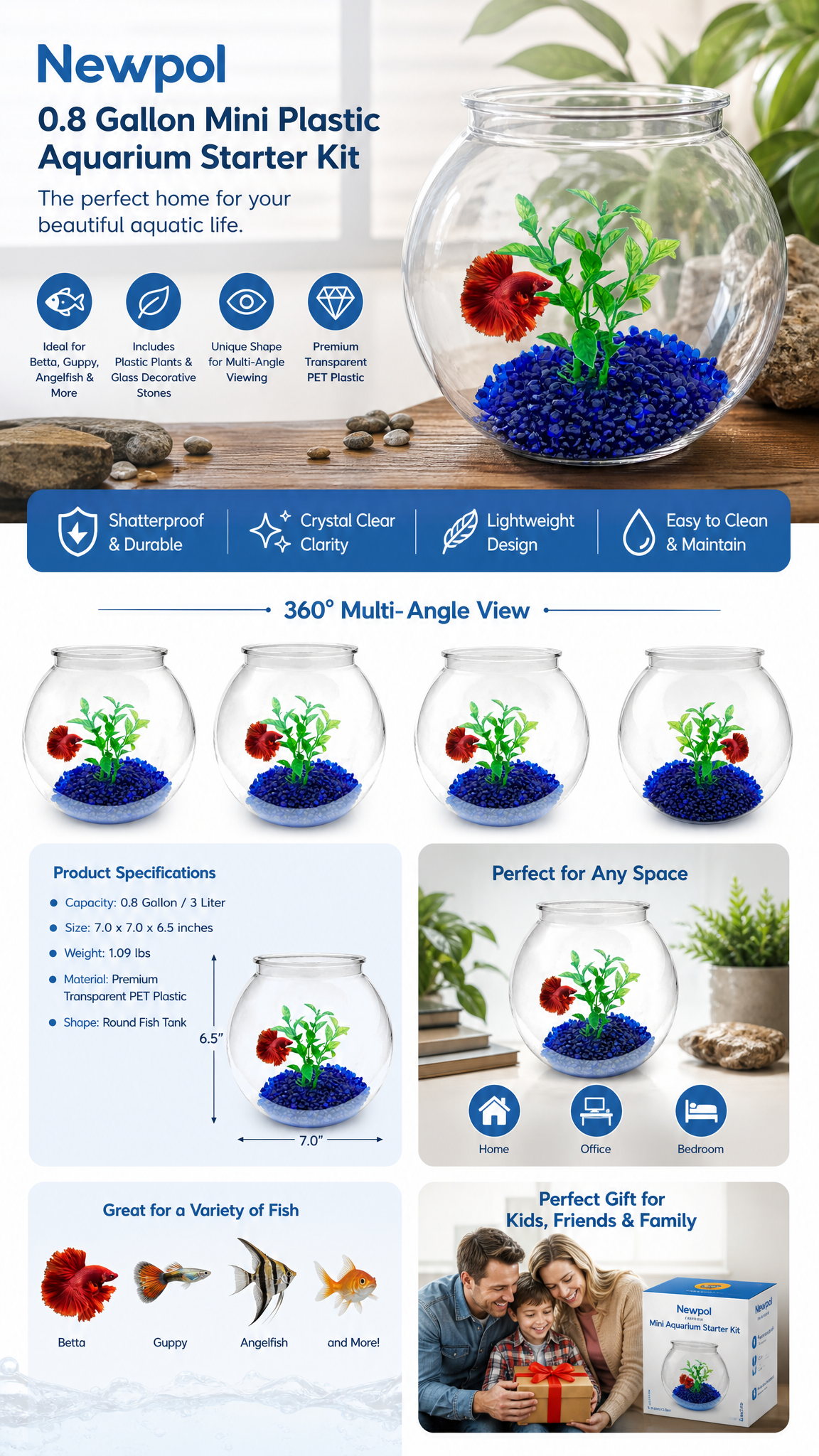 Newpol Mini Plastic Aquarium Starter Kit (0.8 Gallon / 3L)