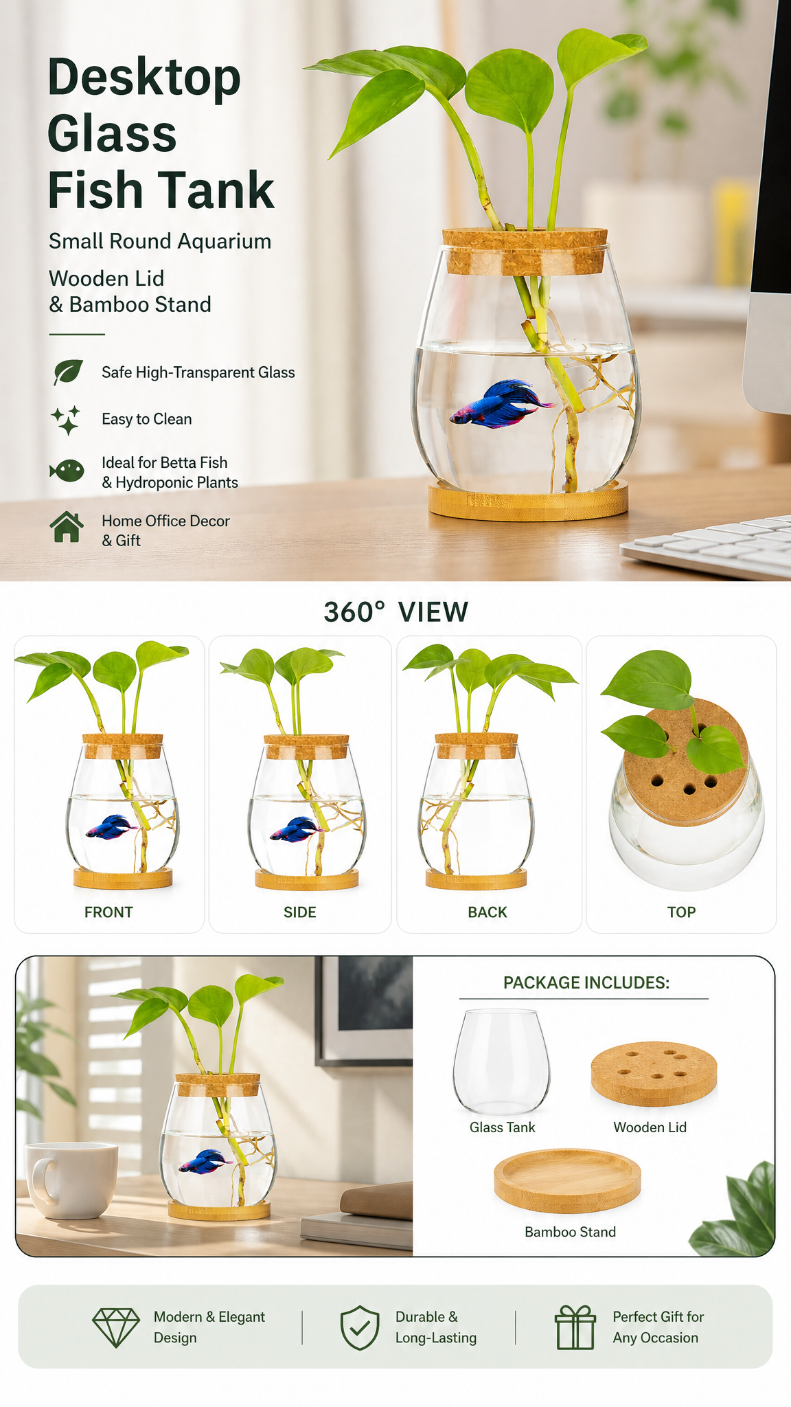 Desktop Glass Fish Bowl with Wood Lid & Bamboo Stand