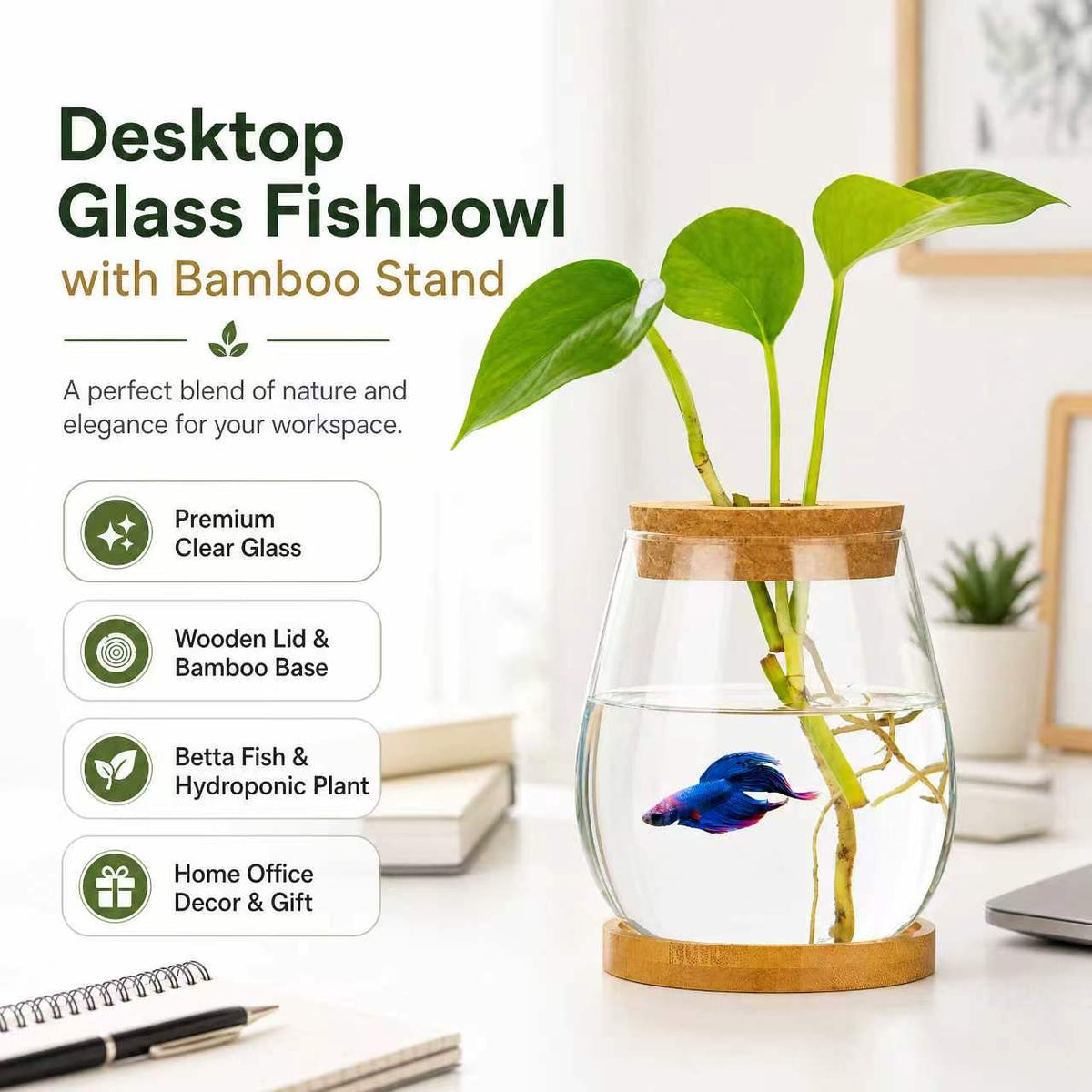 Desktop Glass Fish Bowl with Wood Lid & Bamboo Stand