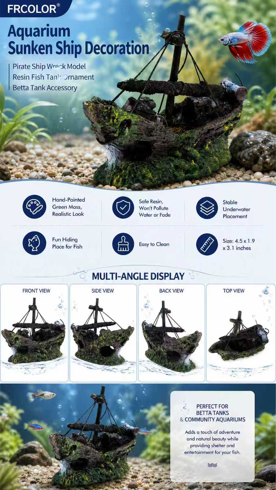 FRCOLOR Resin Shipwreck Betta Tank Decoration, 4.5x1.9x3.1in