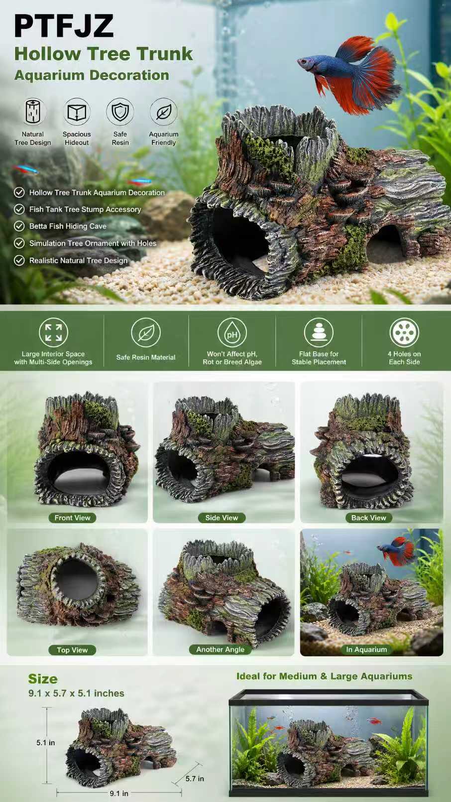 PTFJZ Hollow Tree Trunk Aquarium Decoration & Betta Hideout