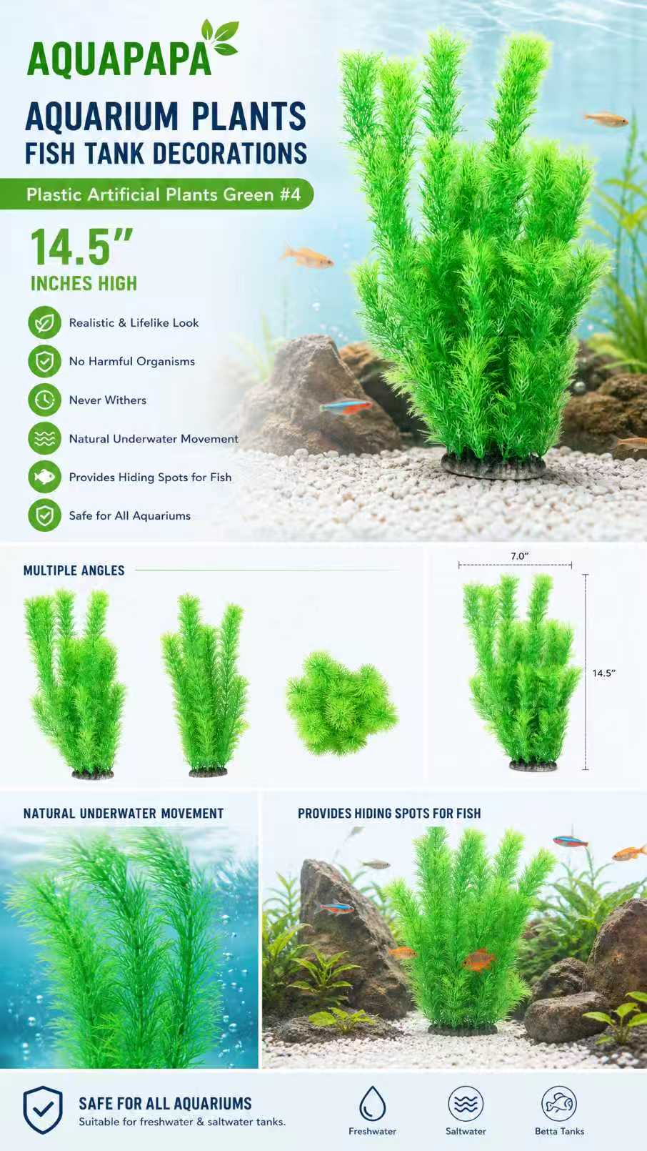 Aquapapa Artificial Aquarium Plant, 14.5in (Green #4)