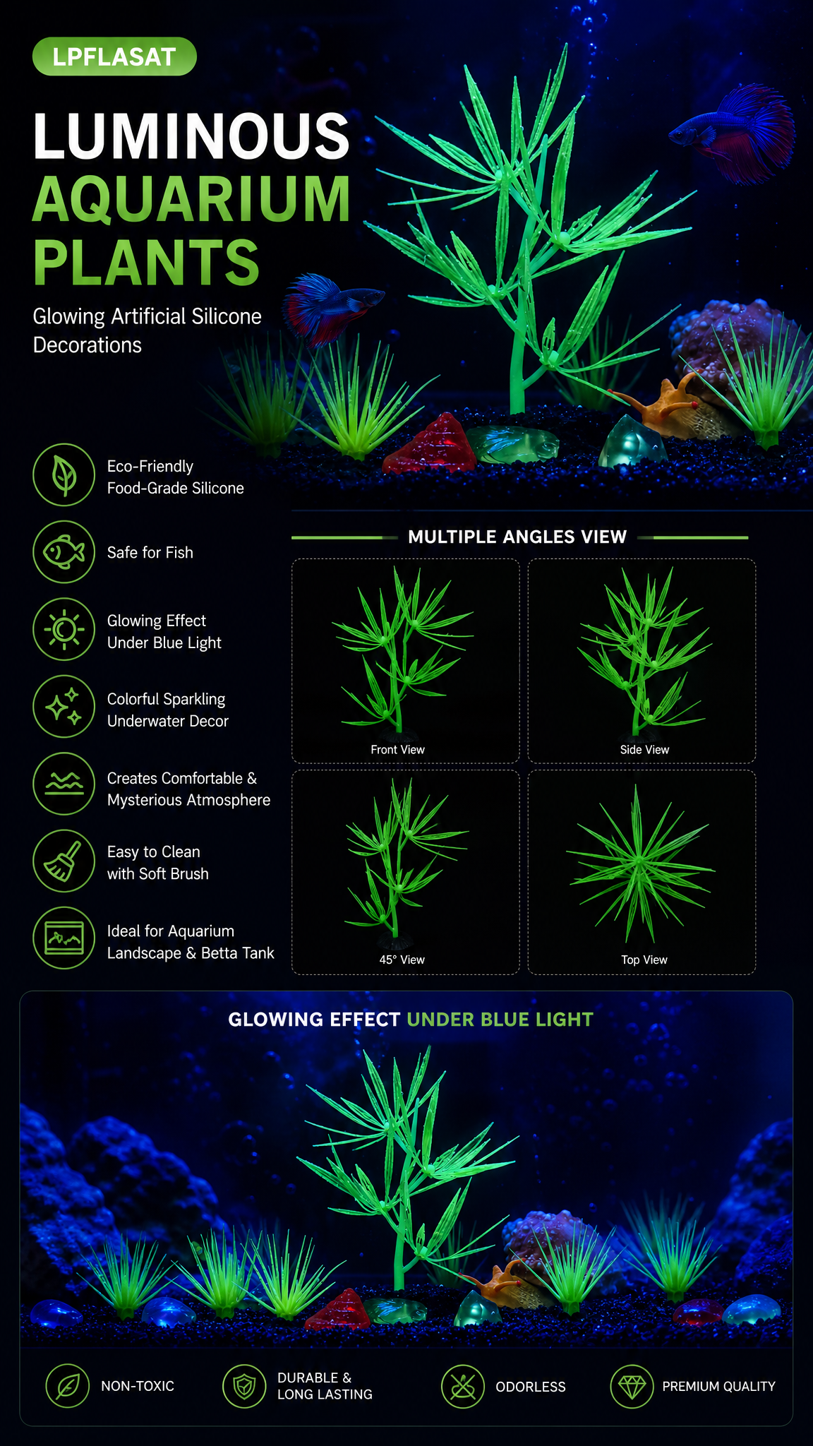 LPFLASAT Glow-in-the-Dark Silicone Aquatic Plant Decor (D)