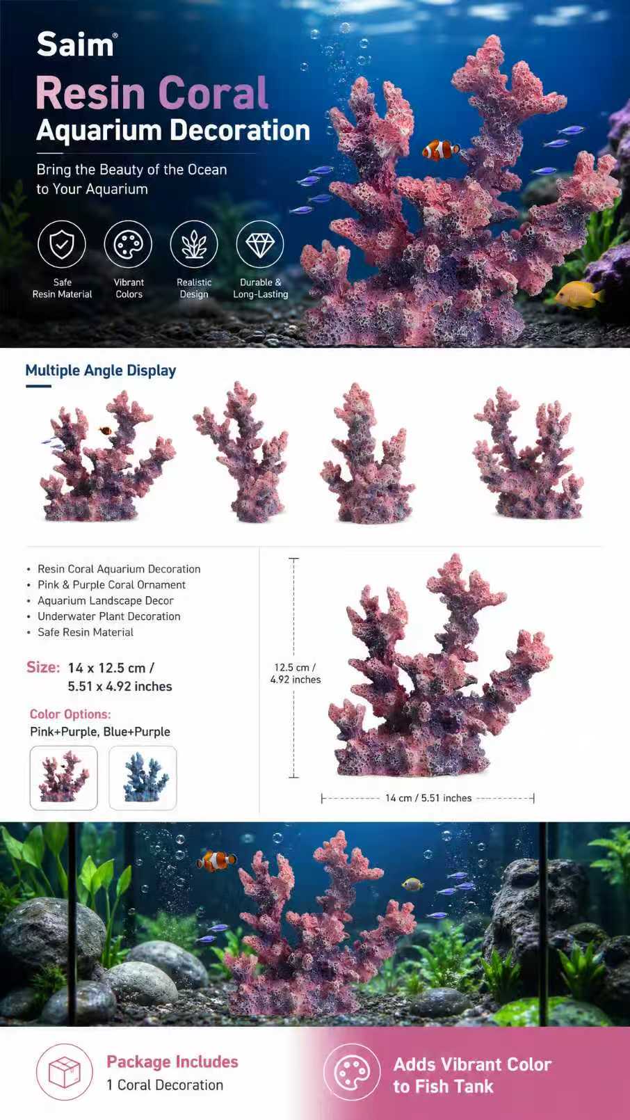 Saim Resin Coral Aquarium Ornament (Pink+Purple)