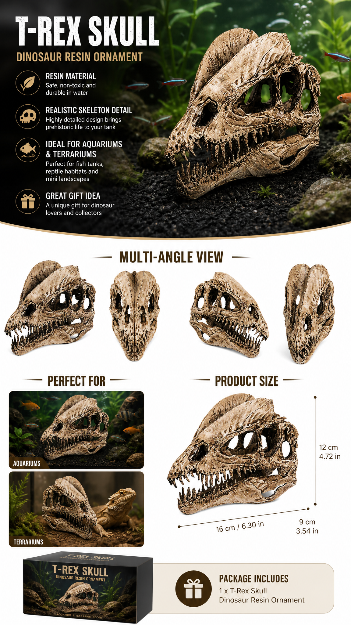 T-Rex Skull Resin Aquarium Decoration