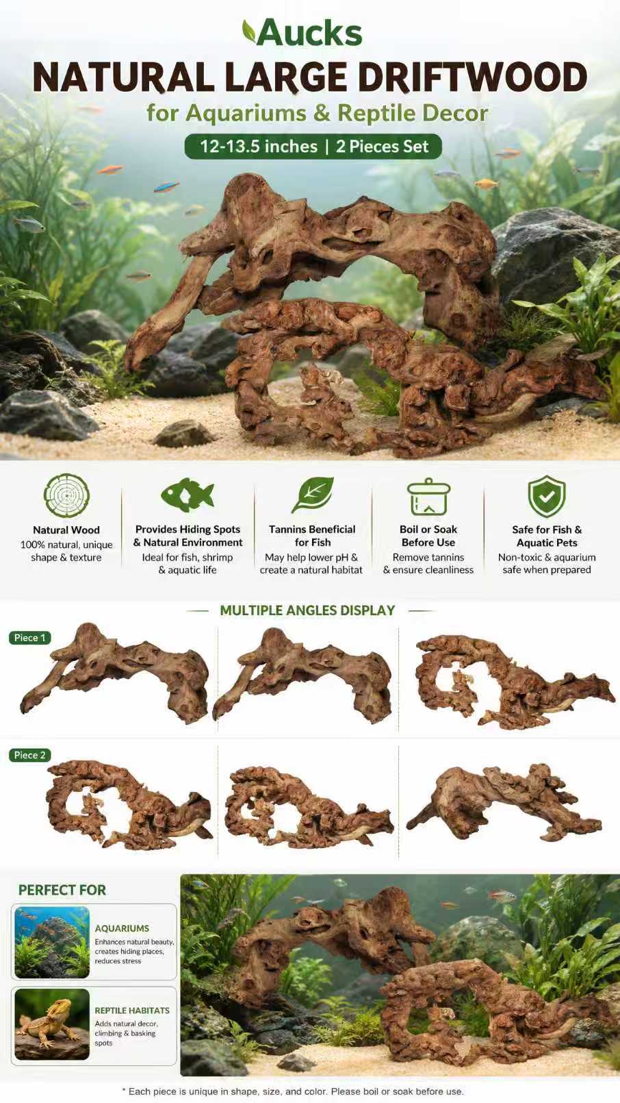 Aucks Natural Large Aquarium Driftwood, 12-13.5in (2 Pack)