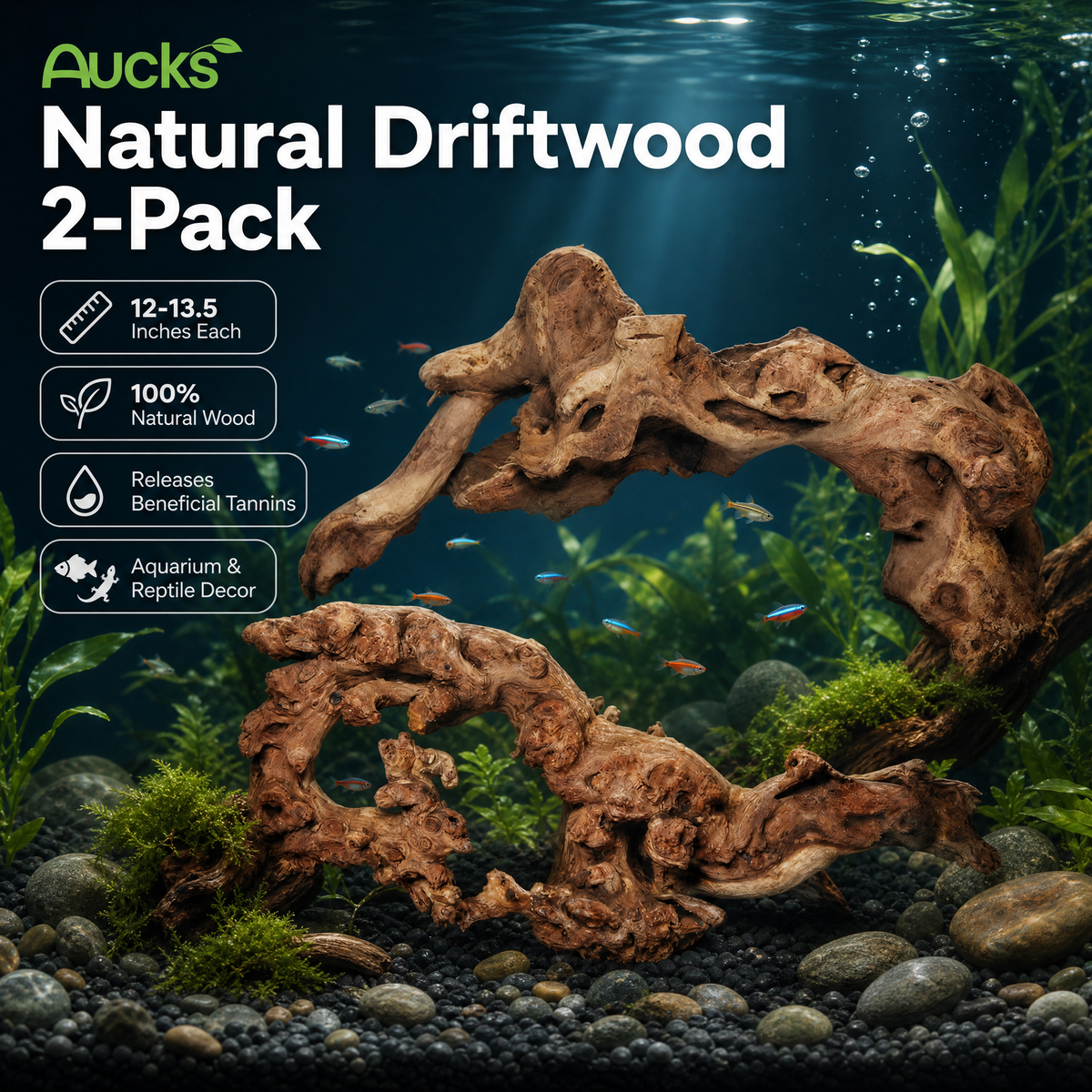 Aucks Natural Large Aquarium Driftwood, 12-13.5in (2 Pack)