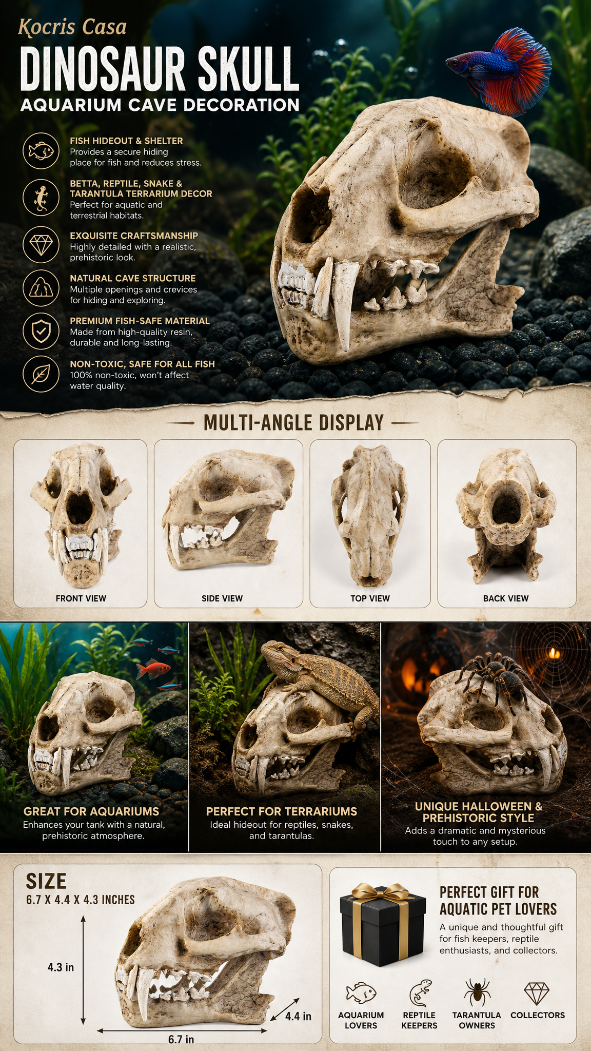 Kocris Casa Dinosaur Skull Aquarium Cave Decor & Fish Hideout